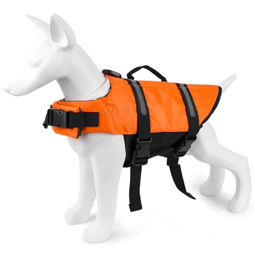 Voarge Hund Rettungsweste, Haustier Sicherheitsweste Badebekleidung Hund Rettungsweste, für Hundegröße einstellbar mit starkem Schwimm- und Rettungsgriff (Orange, S)