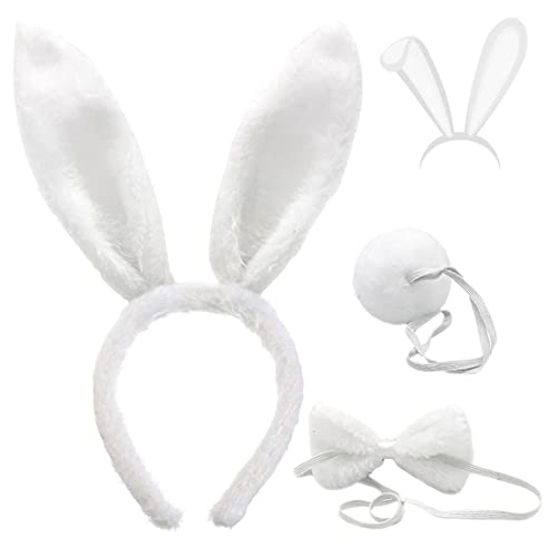 FUKPO Hasenohren Haarreif Set, Hasen Ohren Haarreifen Plüsch Hasenohren Stirnband Haarbänder Fliege Schwanz Weiß, Kaninchenohren Haarreif Ostern Bunny Kostüm Cosplay Karneval Party Kinder Erwachsene