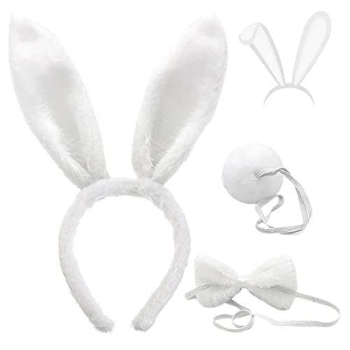 Hasenohren Haarreif Set, FUKPO Hasen Ohren Haarreifen Plüsch Hasenohren Stirnband Haarbänder Fliege Schwanz Weiß, Kaninchenohren Haarreif Ostern Bunny Kostüm Cosplay Karneval Party Kinder Erwachsene