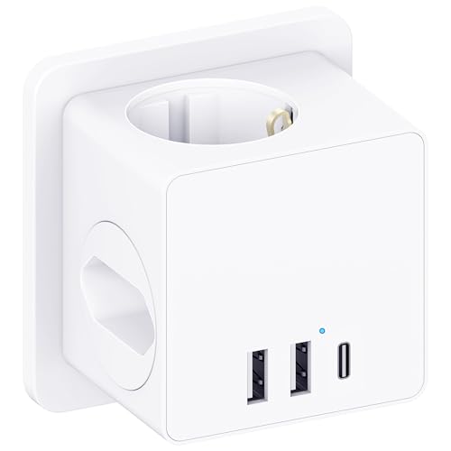 6 in1 Mehrfachsteckdose Mit USB, Steckdosenleiste 4000W, Mehrfachstecker USB C, Steckerleiste, Steckdosenleiste 3-Fach,Verteilersteckdose, Steckdosenwürfel, Doppelstecker für USB Steckdose