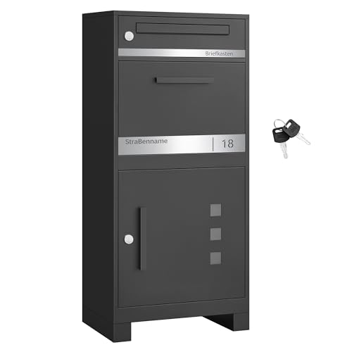 SONGMICS Paketbox, Paketbriefkasten, Briefkasten mit Paketfach, personalisiert, Paketkasten XXL, für Briefe, Pakete, Schloss mit Abdeckung, 2 Schlüssel, Stahl, anthrazitgrau GMB091B02