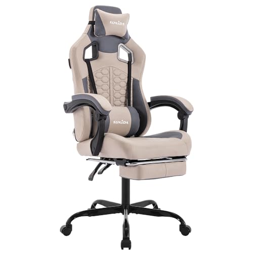 SUKIDA Gaming Stuhl, Ergonomischer Gaming-Stuhl mit Fußstütze, Racing Gaming Chair Kopfstütze Verstellbarer Computerstuhl Höhenverstellbar Lendenwirbelstütze für Homeoffice und Gaming Beige