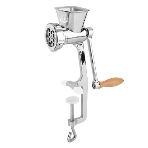 Kitchen Professionals Handfleischwolf aus hochwertigem Edelstahl mit 4 Lochscheiben, Spritzgebäckvorsatz & Wurstfüllrohr, ideal für Fleisch und Gemüse