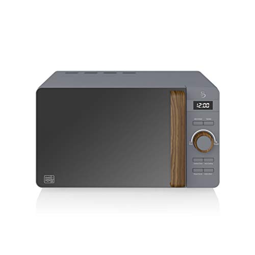 Swan Nordic Digitale Mikrowelle 20 l, 6 Betriebsstufen, 800 W Leistung, 30 Minuten Timer, einfache Reinigung, Auftau-Modus, modernes Design, Holz-Effekt, grau matt