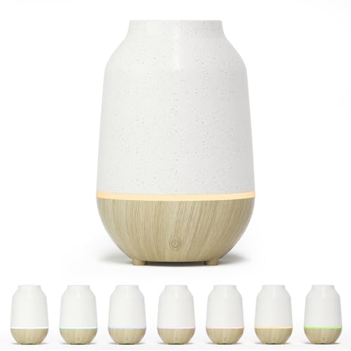 SALKING Aroma Diffuser, Keramik Ultraschall Aromatherapie Diffusor für ätherische Öle, mit automatischer Abschaltfunktion, Warmweiß Licht Weiß Holzmaserung Diffusor für Zuhause Büro Oder Yoga