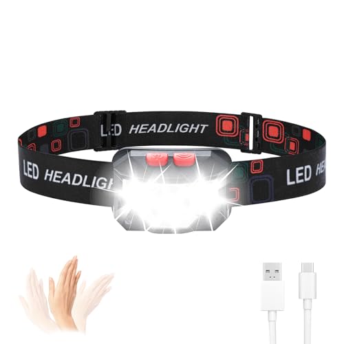 GRIFEMA LED Stirnlampe Wiederaufladbar, 8 Beleuchtungsmodi mit Bewegungssensor & Rotlicht, IPX45 Wasserdichte Kopflampe für Nachtlaufen, Wandern, Camping, Angeln, Joggen