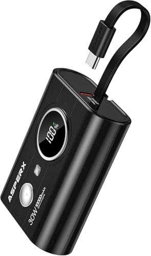AsperX Power Bank 10000mAh,PD 30W Power Bank mit Eingebautem USB-C Input&Output Kabel Akkupack Mini Klein Aber Stark Externe Handyakkus Schnellladefunktion für iPhone 15 14 Serie Samsung S23 iPad etc
