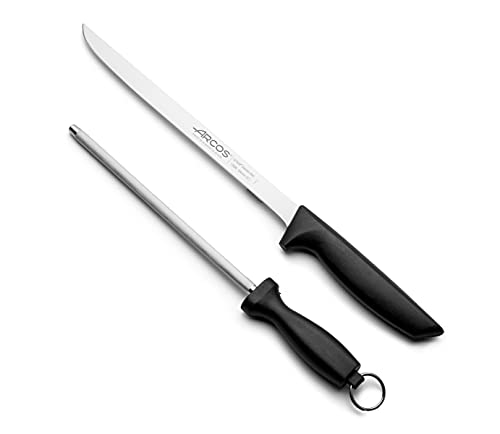 Arcos Messerset 2-teilig - Inklusive Schinkenmesser zum Schneiden von Schinken und Wetzstahl aus Edelstahl mit ergonomischem Griff aus Polypropylen - Schwarz, Serie Niza