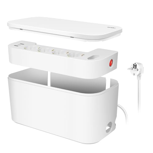 LogiLink LPS281U - Kabelbox mit 5-Fach-Steckdosenleiste inkl. 3X USB, Farbe: Weiß