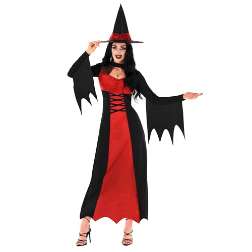Morph Rotes Hexenkostüm für Damen, Halloween Hexen Outfit, Perfekt für Partys und Fasching, M