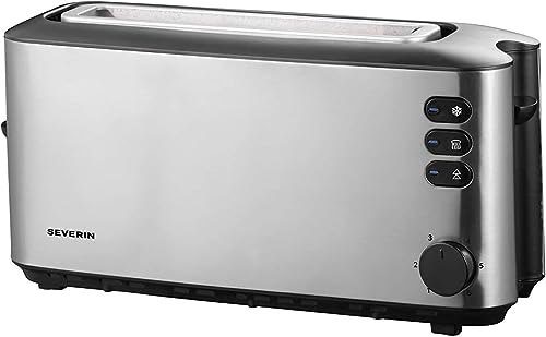 SEVERIN Automatik-Langschlitztoaster, Automatik-Toaster mit Brötchenaufsatz, Edelstahl Toaster zum Toasten, Auftauen und Erwärmen, 1.000 W, Edelstahl-gebürstet/schwarz, AT 2515