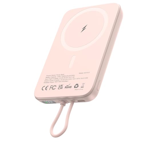 Magnetische Powerbank Klein Wireless 10000mAh: AsperX 22.5W PD Power Bank mit USB-C Kabel Schnellladen-Induktives Externe Handyakkus für iPhone 16 15 14 13 12 Max/Pro/Plus- Portable, LED-Display, Rosa