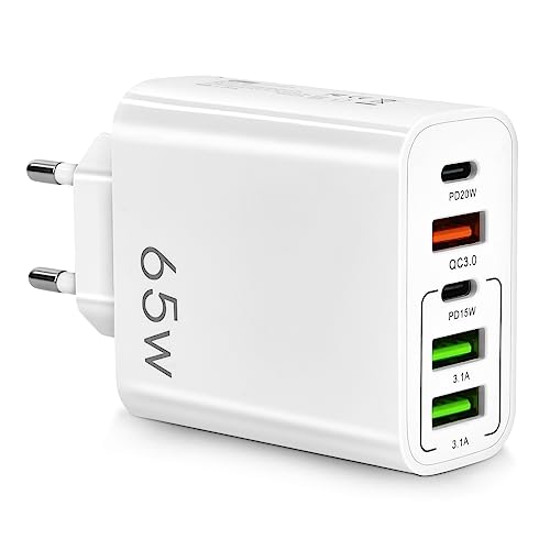 AXFEE 65W Multi AXFEE USB C Ladegerät, 5 Ports Mehrfach Ladegerät mit USB-C und USB-A, 65W Schnellladegerät PD 3.0 Power Adapter USB Netzteil für iPhone 14 Pro Max 13