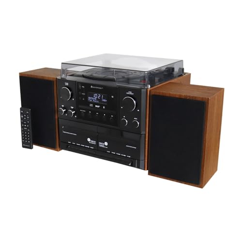 Soundmaster MCD5600 Stereoanlage mit Plattenspieler DAB+ Doppelkassette CD-Player USB MP3 Bluetooth Encoding Digitalisierung 75 Ohm Antennenanschluss, Farbe:braun