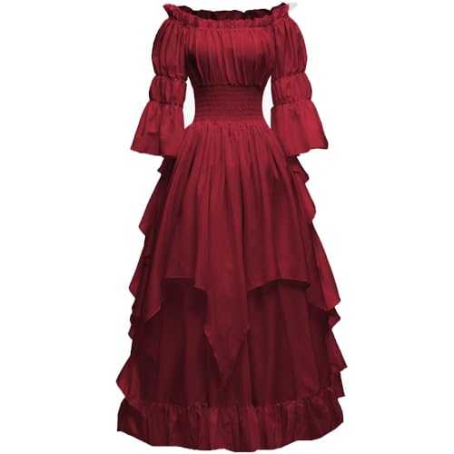 PLWEDDING Damen Gothic Hexen Kleid Mittelalter Renaissance Kostüm Viktorianisches Kleid(Burgund,S/M)