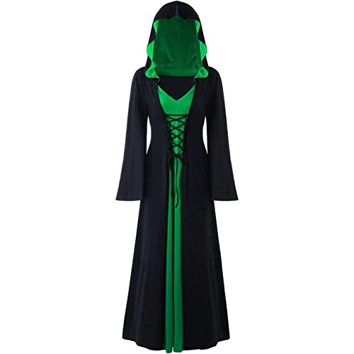 CNVAUIE Halloween Vintage Hexenkleid Frauen Renaissance Mittelalter Kostüm Kleid Halloween Vampir Hexe Kapuzenkostüm (Schwarz/Grün, 3XL)
