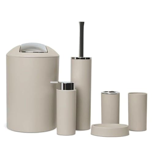 zalati 6-teiliges Bad-Accessoires-Set - Lotionflasche, Zahnbürstenhalter, Zahnbürstenhalter, Seifenschale, WC-Bürste, Mülleimer - Beige