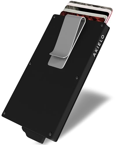 AKIELO Kartenetui mit RFID Schutz, Geldklammer und Geschenkbox – Minimalistische Geldbörse Herren – Kompakte Wallet und Kontaktloser Kreditkartenschutz (Alpha - Schwarze Ausgabe mit Geldklammer)