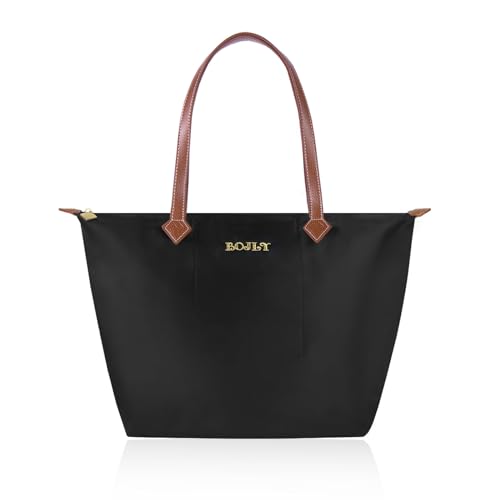 BOJLY Handtasche Damen, Große Damen Nylon Umhängetaschen, wasserdichte Shopper Umhängetasche, Faltbare Handtasche für Freizeit Reisen Büro Schule Shopping Stickerei Schwarz