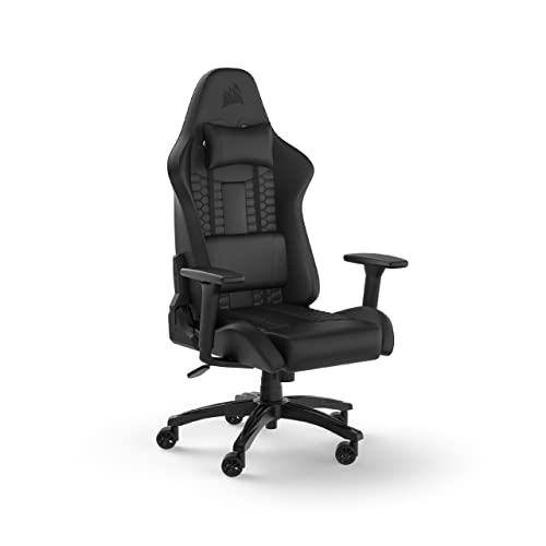 Corsair TC100 Relaxed-Gaming-Stuhl – Kunstleder – Vom Rennsport inspiriertes Design – Lendenkissen – Abnehmbares Nackenkissen aus Memory-Schaumstoff – Verstellbare Armlehnen – Schwarz