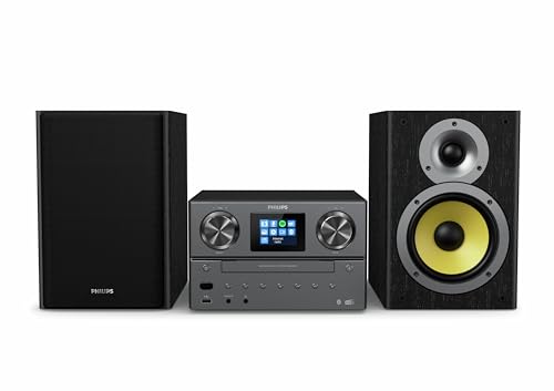 PHILIPS TAM8905 Mikro-Musiksystem 100W, Bluetooth, Spotify Connect, Internetradio, DAB+, CD-Player, USB, Bassreflex-Lautsprecher, Digitale Klangregelung, klassisches Design mit Farbdisplay