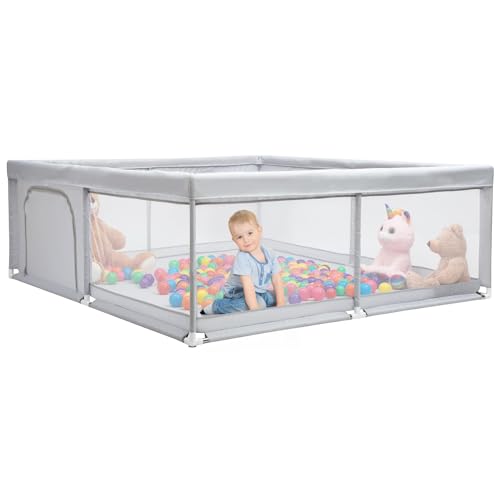 BEJOY Großer Laufstall Laufgitter XXL 180*200 cm, Kompakt und Stark, Schaumstoffschutz Rutschfester mit Transparentem, Atmungsaktivem Netz, Reißverschluss für Babys & Kleinkinder Indoor & Outdoor