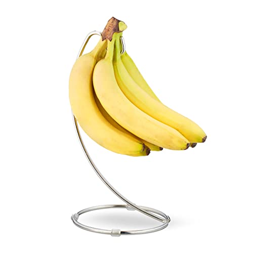 Relaxdays Bananenhalter mit rundem Standfuß, Bananenhaken, Obstaufbewahrung, Bananen, Trauben, verchromtes Eisen, silber