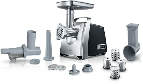 Bosch Fleischwolf MFW68660, Wurstausfatz, Reibe mit 4 Raspeln, 3 Edelstahl Lochscheiben (3, 4,8, 8mm), 2200 W Blockierleistung, 880 W, silber
