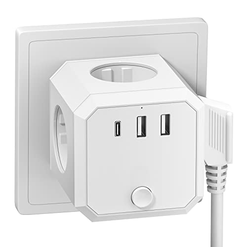 Steckdosenleiste mit 3 USB, Steckdosen (4000W/16A) mit Schalter,Steckdosenadapter (5V/3.1A) für Büro, Zuhause, MF - White