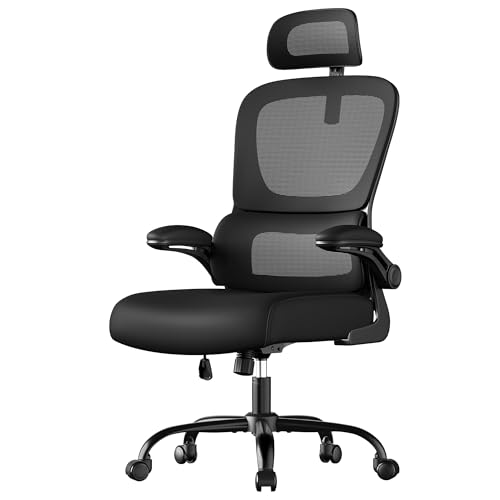 SONGMICS Bürostuhl, Schreibtischstuhl, ergonomischer Netzstuhl, mit doppellagigem Netzgewebe, klappbare Armlehnen, verstellbare Lenden- und Kopfstütze, Wippfunktion, tintenschwarz OBN041B01