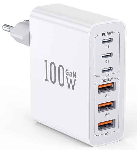 USB C Ladegerät, 100W 6-Port USB C Adapter Mehrfach Ladegerät mit USB-C und USB-A, Schnellladegerät PD 3.0 USB C Charger Power Netzteil für iPhone 16 15 14 13 12 11 SE XS XR 8, iPad, Samsung, Handys