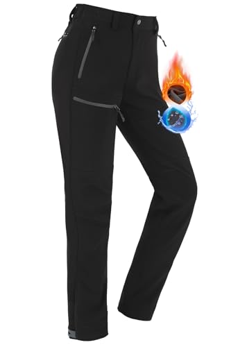 Vzteek Damen-Wanderhose-Winter-Softshellhose-Wasserdicht-Outdoor hose-Thermo-Skihose-Stretch gefüttert berghose Regene Trekkinghose Warme Winddicht walking Hundesport Wintersport(Klassisch Schwarz, L)