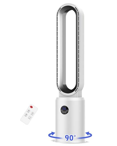 Turmventilator sehr Leise, Rotorlos Ventilator mit Luftreiniger, Turmventilator, 24 Stufen Tower-Ventilator, 12H Timer, Oszillierend LED-Anzeige, Turmventilator mit Fernbedienung für Zuhause (Weiß)