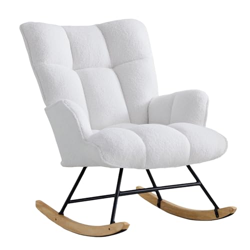 XH.Easy Go Schaukelstuhl Stillsessel Schaukelsessel mit Armlehnen Gepolsterter Schwingsessel Stillstuhl Sessel Relaxsessel für Wohnzimmer Schlafzimmer Babyzimmer, Bis 136 kg Belastbar, Weiß