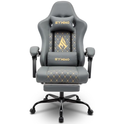 Symino Gaming Stuhl - Ergonomischer Bürostuhl im Racing Style, 200 kg Belastbarkeit, verstellbare Armlehnen, Vintage PU Leder, Gaming Chair mit Fußstütze (Grau)