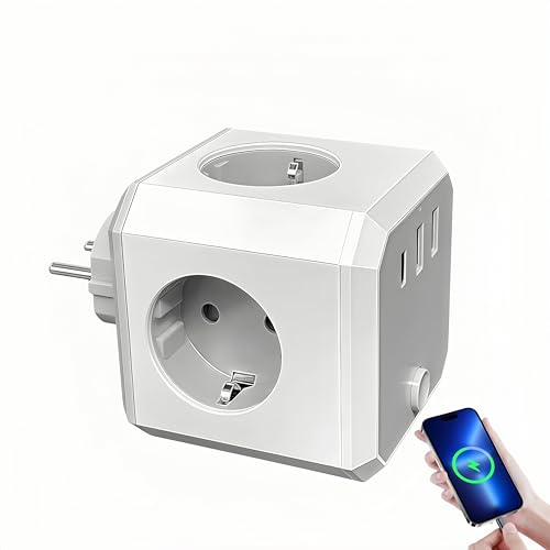 Steckdosenwürfel ohne Kabel 4 Fach Mehrfachsteckdose mit 2xUSB-A & 1xUSB-C 4000W Steckdosenleiste mit Überspannungsschutz Kompakter Steckdosenadapter für Haus/Büro