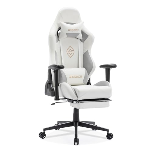 STARUZI Gaming Stuhl Weiß Leder, Mikrofaser-Leder Gaming Chair mit Fußstütze, Racing Gamer Stuhl mit verstellbare Armlehnen, Lendenkissen, Kopfkissen,180 kg Belastbarkeit