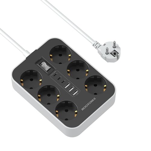 Steckdosenleiste 6-Fach mit USB (3 USB-A 3 USB-C) Mehrfachsteckdose Wandmontage, Steckdose mit Schalter und 2M Verlängerungskabel Überspannungsschutz Steckdose, Schwarz