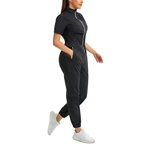 Junlan Schwitzanzug Damen Saunaanzug Waist Trainer Thermoanzug Body Shaper Sportanzug Damen Schwitzanzug Schnelltrocknend Sportanzug Abnehmen (schwarz, L)