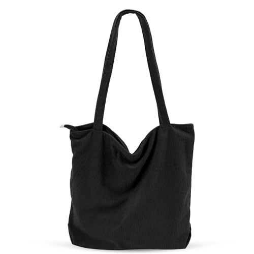 CNMTCCO Tote Bag Damen Shopper Tasche Damen Große Cord-Tragetasche Shopper Für Damen Handtasche Mit Reißverschluss, Taschen Und Fächern – Ideal Für Schule, Arbeit, Einkaufen,Reisen, Alltag(Schwarz)