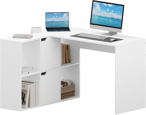 eSituro 120cm Schreibtisch L-Form Weiß, Eckschreibtisch mit Regalen, Computertisch mit Ablagen, Bürotisch, Tisch mit Bücherregal, Corner Desk with Shelves, 118x100x75 cm