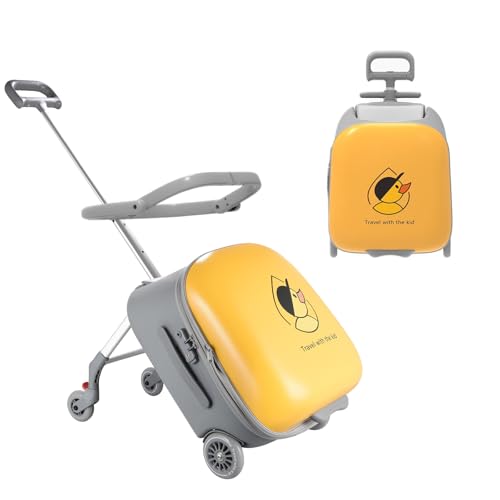 Zertylre Kinderkoffer, 2-in-1 Kabinenkoffer mit Sitz für Kinder,40 l erweiterbarer Hartschalenkoffer mit Spinner-Rädern, ab 4 Jahren,Flughafenreisen leicht gemacht (gelb)