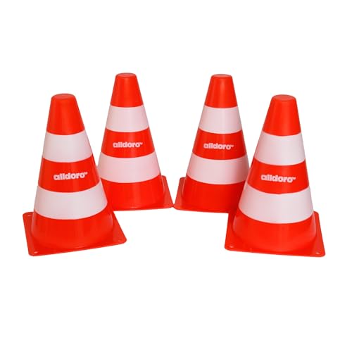 alldoro 60090 Pylonen Set, 4 Stück, Leitkegel - Verkehrshütchen stapelbar, für Kinder ab 3 Jahre, weiß-orange, 18x13x13 cm