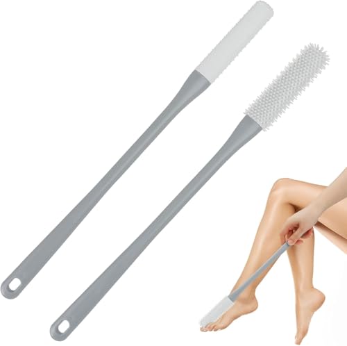 2 Stück Duschbürste, Zehenspalt Reinigungsbürste, Silikon Fußwaschbürste, Fußdusche bürste fur Senioren, Fußbürste mit Bürstenköpfe, Zehenreiniger mit Langem Stiel, Grau
