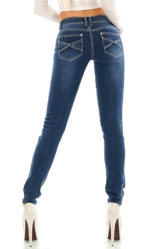 Trendstylez Damen Slim Fit Stretch Middle Waist Röhren Skinny Jeans Schleifen Dark Blue J4705 Größe 40