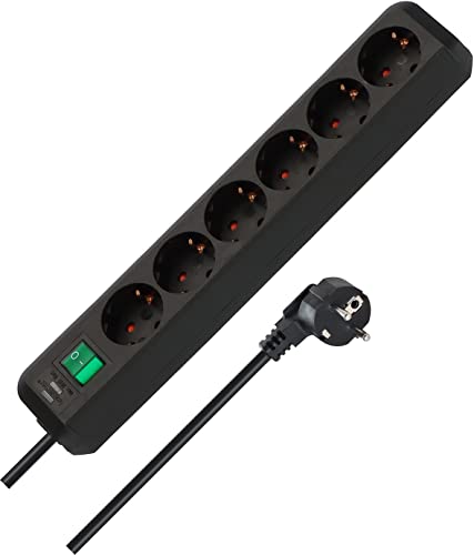 Brennenstuhl Eco-Line, Steckdosenleiste 6-Fach (Steckerleiste mit erhöhtem Berührungsschutz, Schalter und 3m Kabel) schwarz