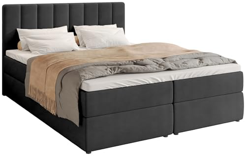 BROMARKT Boxspringbett mit Bettkasten Polsterbett mit Bonell-Matratze und Topper Doppelbett mit Stauraum Bett für Schlafzimmer gepolstertes Kopfteil Denver 160x200 Härtegrad H3 Samtstoff Dunkelgrau