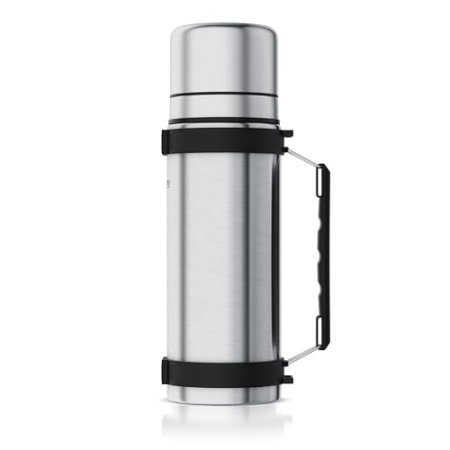 Arendo - Thermosflasche 1l mit 2 Becher - Edelstahl Thermoskanne doppelwandig - 1 Liter - One Click Verschluss - auslaufsicher – abnehmbarer Deckel – BPA frei – Kohlensäurefest - silber