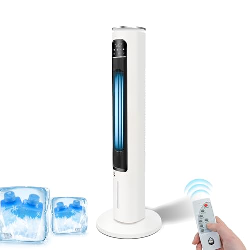 Gotagee Ventilatorkombigerät mit Fernbedienung Kaltluftventilator Säulenventilator 12H Timer Wasserkuehlung Turmventilator (Weiß-DT3)