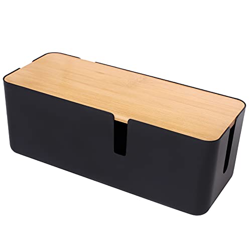 Changsuo Kabelmanagement-Box mit Bambusdeckel, kleine Kabel-Organizer-Box für Verlängerungskabel, Netzstreifen, Überspannungsschutz, Drahtmanagement, Concealer, Abdeckung, Versteck (schwarz)